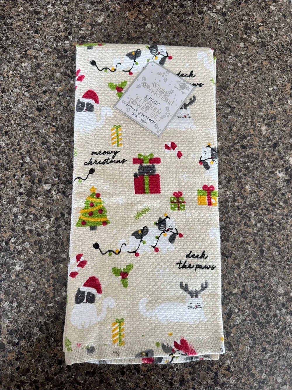 Meowy Christmas Holiday Kitchen Towels - set of 2 NEW - Cat Festive Prints